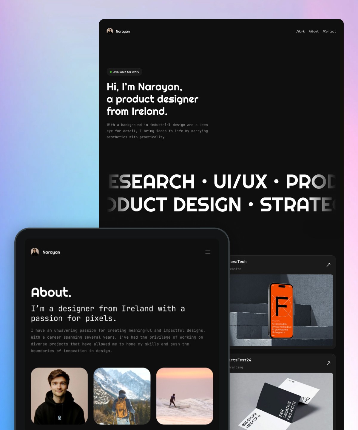 Screenshot 2 for Narayan, a Framer Marketplace template by Eamonn Day Lavelle.