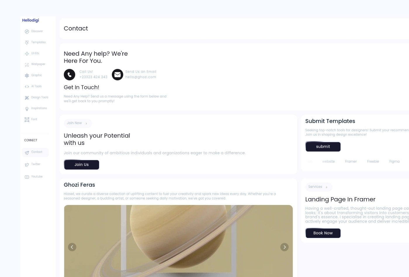 Screenshot 4 for Hellodigi, a Framer Marketplace template by jodysaptra.