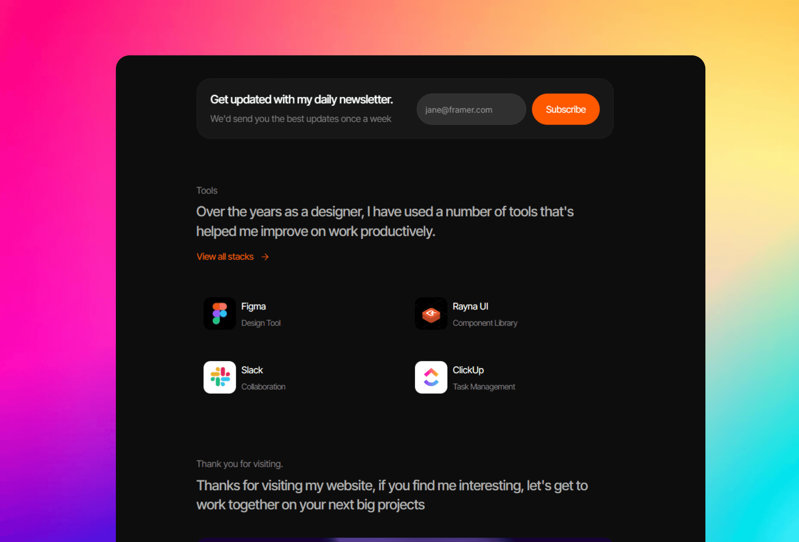 Screenshot 4 for Stackfolio, a Framer Marketplace template by Ozenua Oluwatobi.