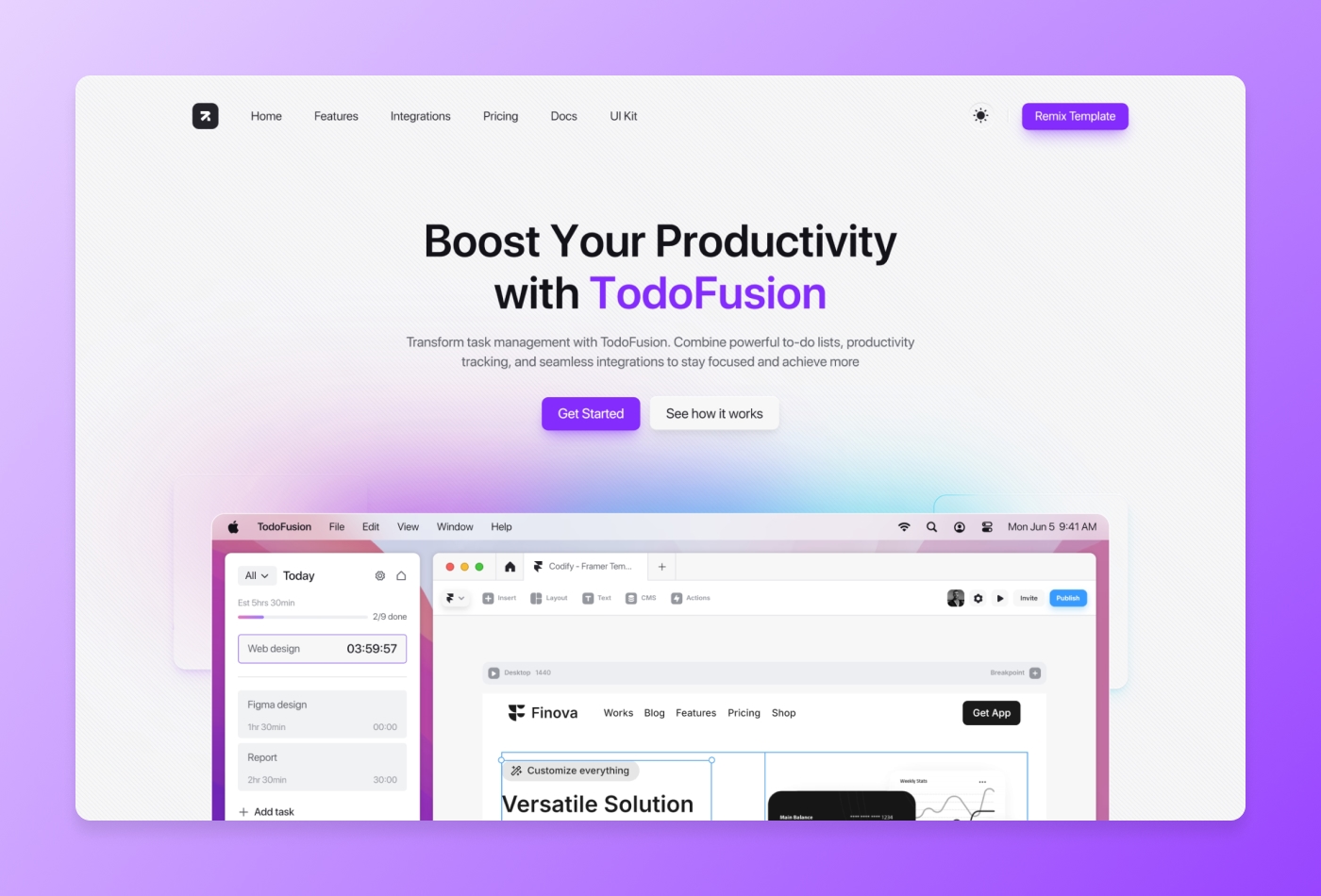Screenshot 2 for TodoFusion, a Framer Marketplace template by Dmytri Ivanov.